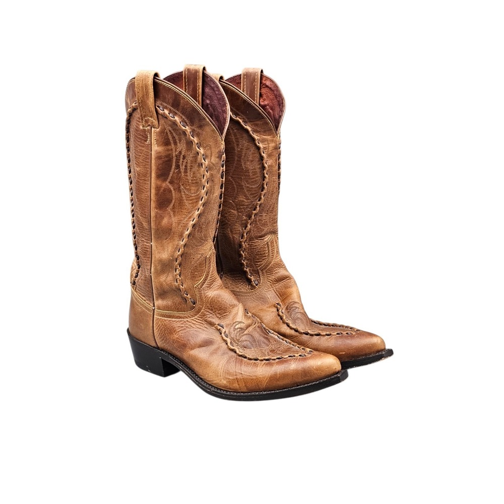Dan Post Distressed Tan Leather Western Boots with Braided Trim